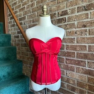 VTG Y2K 2000s Bright Cherry Red Satin Trim Silk Strapless Bustier Corset Top